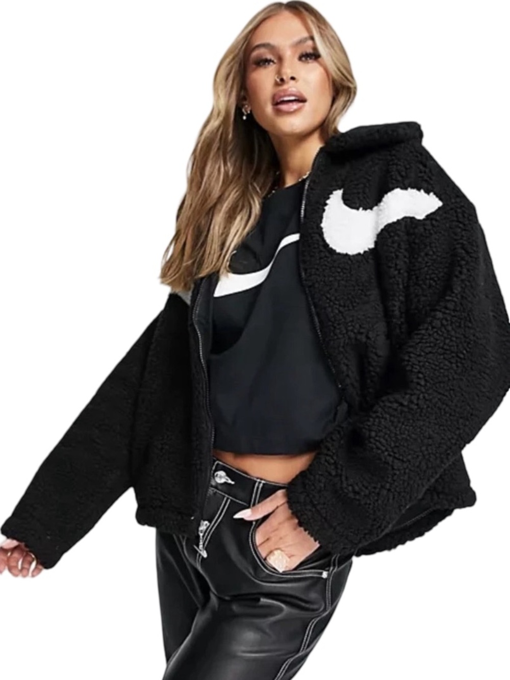 Nike Black Sherpa Jacket with White Swooshes 2X Fuzzy
